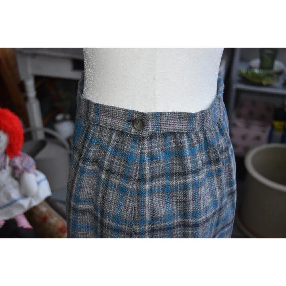 Womens Vintage PENDLETON Gray Blue Plaid Tartan Wool Pencil Skirt Sz M USA MADE